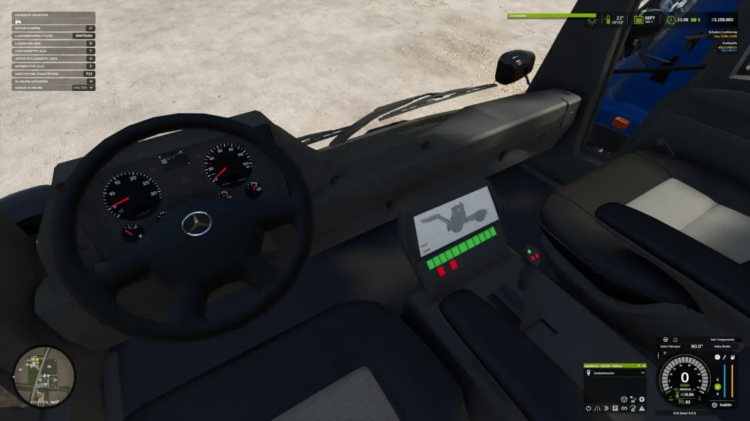 FS25 mod Unimog U400 v1.0.0.3 interior dashboard view with detailed controls and instruments.