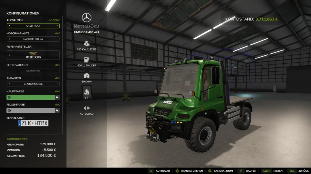 FS25 mod Unimog U400 v1.0.0.3 in a warehouse, showing configuration options and cost in Farming Simulator 25.