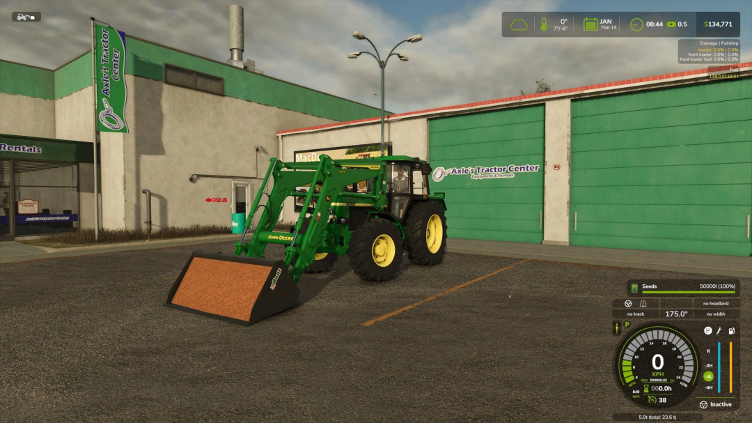 FS25 mod: Green tractor with Unrealistic Front Loader Bucket at Axle's Tractor Center.