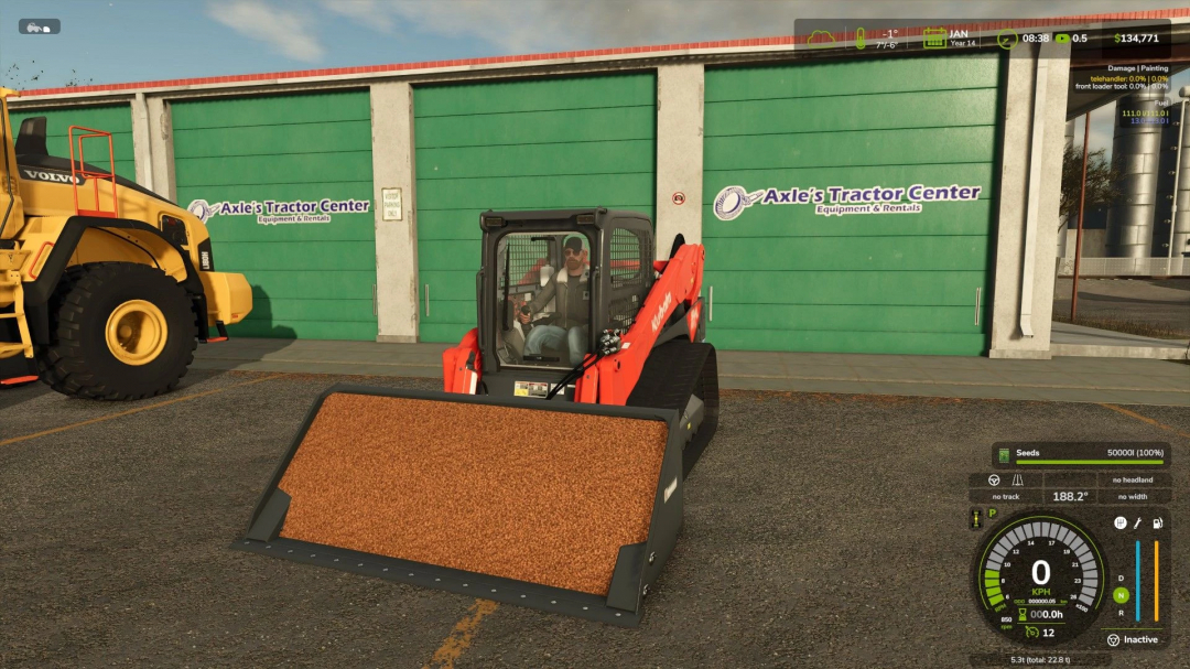 FS25 Unrealistic Skid Steer Loader Bucket mod in front of Axle's Tractor Center.