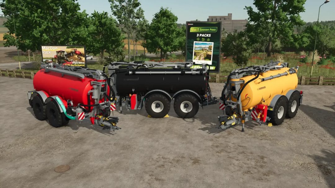 Three Veenhuis Premium Integral 20000 trailers in FS25 mods showcase, featuring red, black, and yellow designs.