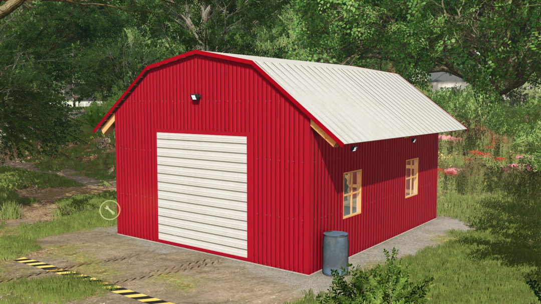 Red Workshop Shed mod for FS25, featuring a metal exterior and white door, set in a lush green landscape.