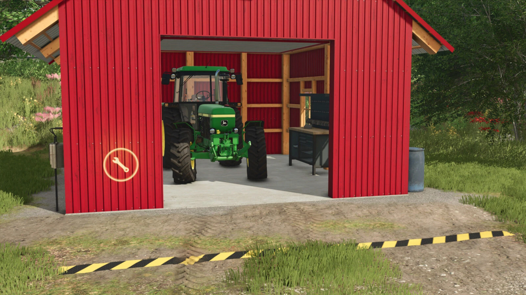 Red workshop shed with a green tractor inside from FS25 mods, featuring a tool icon. Ideal for Farming Simulator 25 enthusiasts.