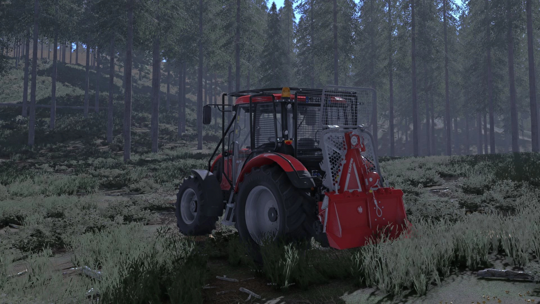 Zetor Proxima 85 Forest Edition mod in FS22, a red tractor with protective cage in a forest setting.