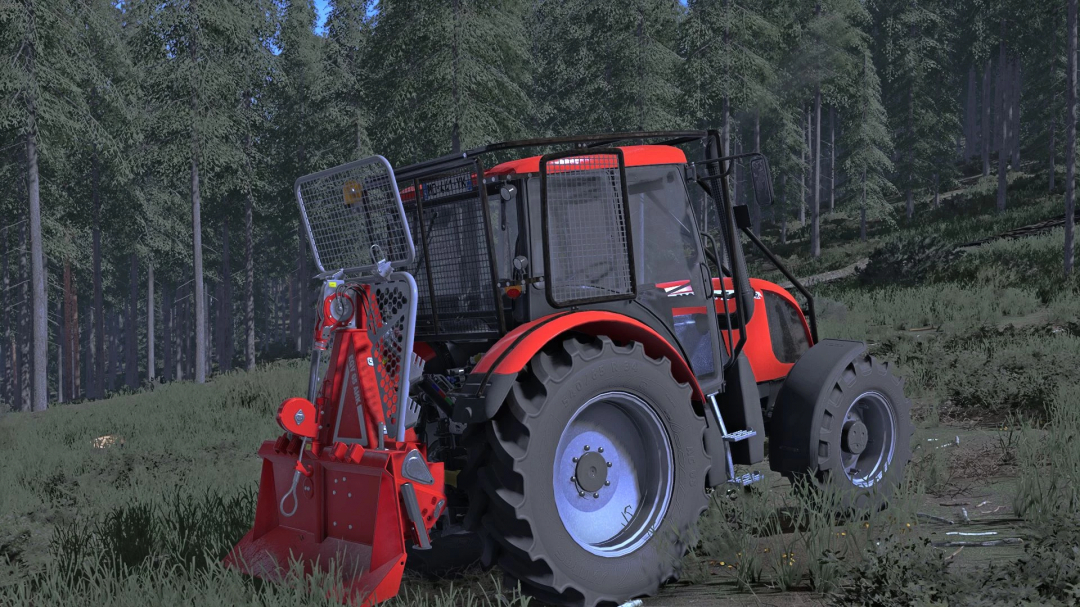 Zetor Proxima 85 Forest Edition tractor in FS22 mod, set in a dense forest environment.