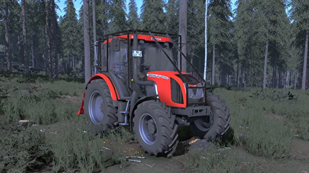 FS22 mod Zetor Proxima 85 Forest Edition tractor in a forest setting, Farming Simulator 22.