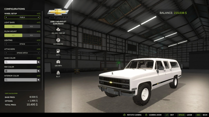 fs25-mods,  1990 Chevrolet Suburban 4x4 mod in FS25 showing configuration options.