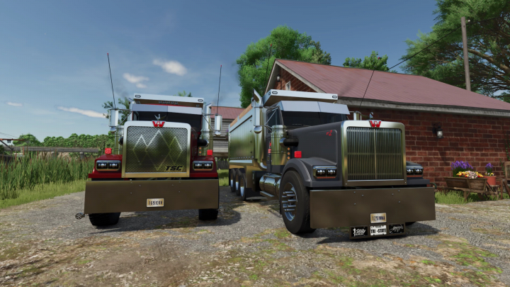 fs25-mods,  Two 1990 Western Star 4964 Tri-Axle trucks from FS25 mods parked beside a barn.