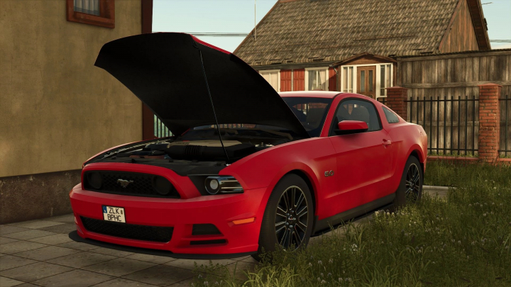 fs25-mods,  FS25 mod 2013-2014 Ford Mustang with open hood by a house