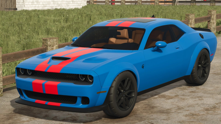 fs25-mods,  2020 Dodge Challenger Widebody mod in FS25 game, featuring blue paint with red stripes. A Farming Simulator 25 mod.