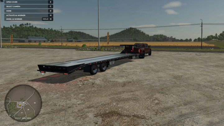 fs25-mods,  2020 Lizard Gooseneck trailer mod in FS25, featuring a flatbed attached to a pickup truck in a rural setting.