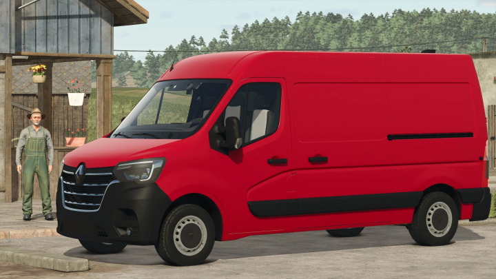 fs25-mods,  2020 Renault Master mod in Farming Simulator 25, featuring a red van in a rural setting. FS25 mods.