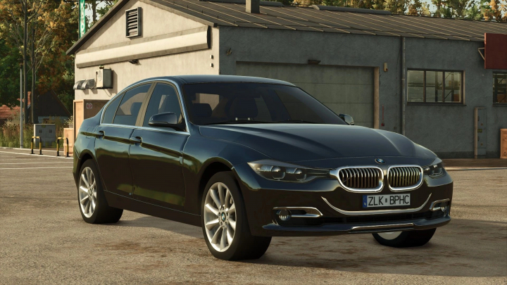 fs25-mods,  FS25 mod BMW 328i v1.0.0.0, sleek black sedan parked outside a garage in Farming Simulator 25.