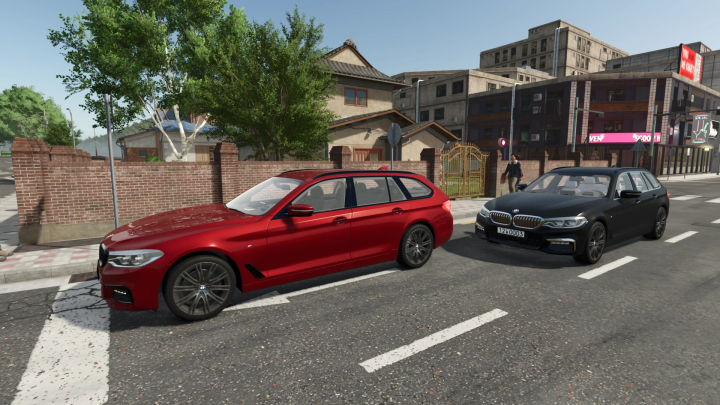 fs25-mods,  FS25 mod image showing BMW 5 Touring G31 in red and black on a city street.