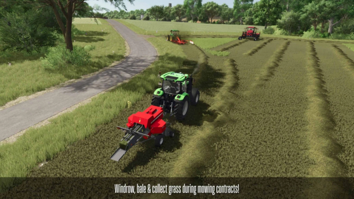 fs25-mods,  FS25 mod Contract Boost V1.0.8.4 showing tractors windrowing and baling grass in Farming Simulator 25.