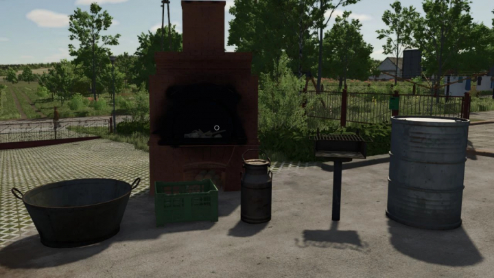 fs25-mods,  Decorations Pack 6 FS25 mod with outdoor grill, barrel, and milk can in a rural setting.