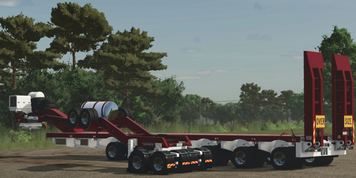 fs25-mods, FS25 mod Drake Dolly and Platform Pack in a rural landscape, featuring a heavy-duty trailer with multiple axles.