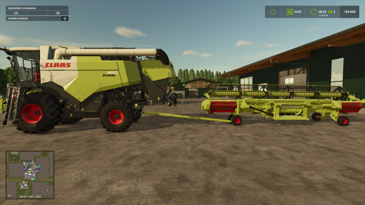 fs25-mods,  FS25 mod Draper Stream 900 v1.0.0.6 with a Claas combine and header attachment in a farmyard setting.