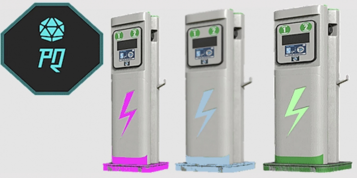 fs25-mods,  FS25 mod Fast and Super Charging Station v1.0.0.0 featuring three charging stations with colorful lightning bolt designs.