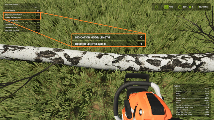 fs25-mods, FS25 mod Forestry Helper v1.0.0.0 interface shows desired log length setting at 6.00 meters on grass with a chainsaw.