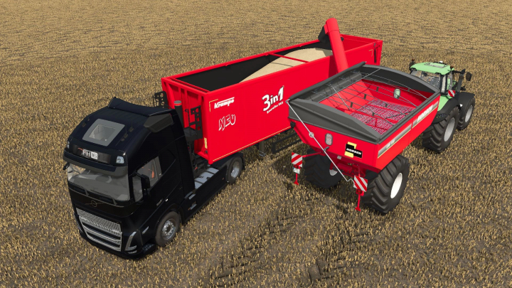 fs25-mods, FS25 Horsch UW160 mod image with red grain auger trailer unloading into a black truck in a field.