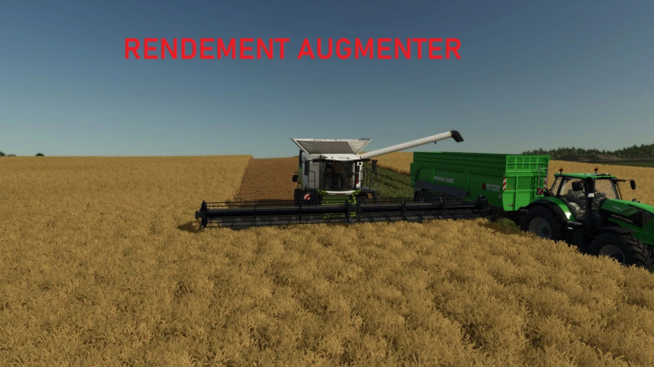 fs25-mods,  FS25 mod Increase field yield v1.0.0.0: Combine harvesting a wheat field with a tractor and trailer, under 'RENDEMENT AUGMENTER' text.