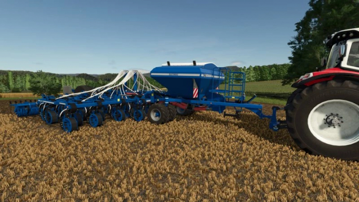 fs25-mods,  Köckerling Ultima 800 mod in FS25, showcasing a blue farming machine attached to a tractor in a field.