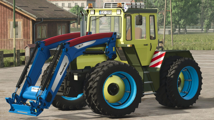 fs25-mods,  MB Trac 1300/1800 Turbo tractor mod in FS25 with front loader attachment, parked in a rural setting.