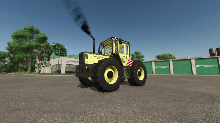 fs25-mods,  MB Trac Edition tractor mod for Farming Simulator 25 with exhaust smoke, parked near a tractor center building.