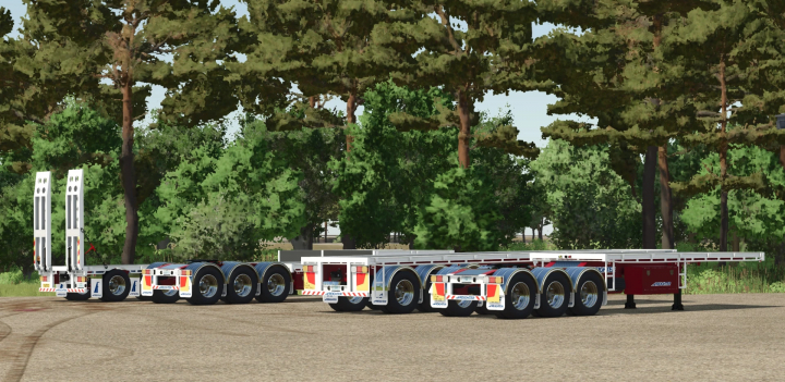 fs25-mods,  MaxiTrans Freighter Semis mod for FS25, featuring detailed trailers in a forest setting. Farming Simulator 25 mods.