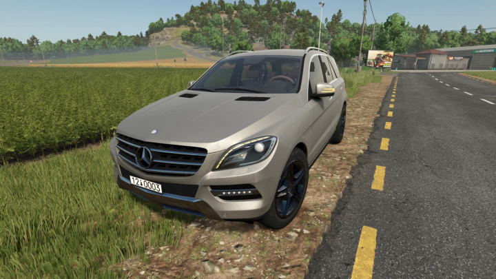 fs25-mods,  Mercedes-Benz ML350 mod in Farming Simulator 25, parked on a rural road beside a lush field.