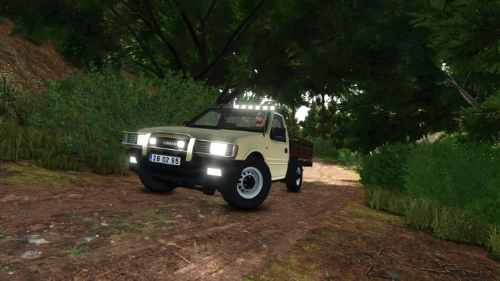 fs25-mods,  Opel Campo Isuzu Faster 1997 mod in FS25 driving on a forest path.