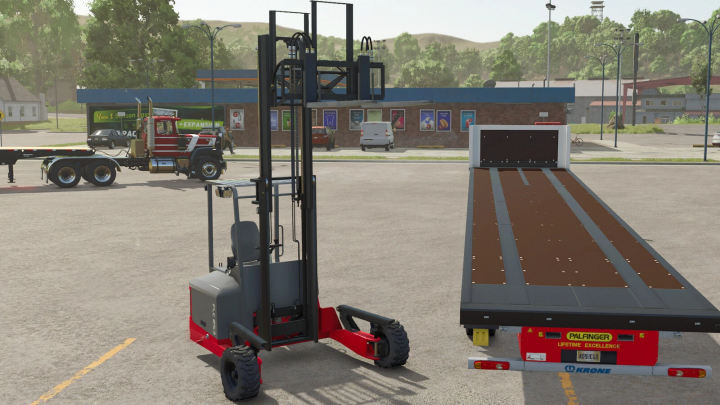 fs25-mods,  FS25 Palfinger FLC-253 Pack mod showcasing a forklift and flatbed trailer. Ideal for Farming Simulator 25 logistics.