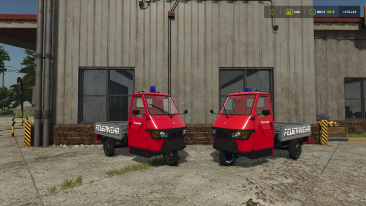 fs25-mods,  FS25 mod Piaggio APE 50 fire department v1.0.0.0, two red vehicles parked in front of a building.