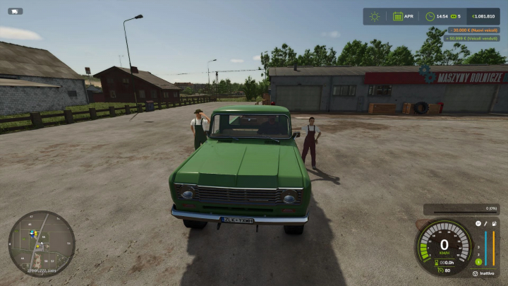 fs25-mods,  Green pickup truck in Farming Simulator 25, part of the Pickup Hand Harvester mod, with two characters standing nearby in a farm setting.