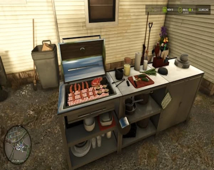 fs25-mods,  Placeable BBQ mod in FS25 showing barbecue setup with food grilling, utensils, and condiments on shelves.