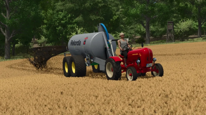 fs25-mods,  FS25 mod: Porsche Diesel Junior 108 v1.0.0.0 spreading slurry in a field in Farming Simulator 25.