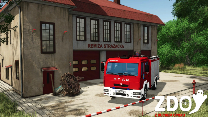 fs25-mods,  FS25 mod Rysiowice Poland Map featuring a fire station with red truck parked in front, surrounded by greenery.