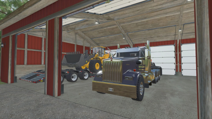 fs25-mods,  FS25 Shed Pack v1.0.0.0 mod showing vehicles inside a spacious garage with a truck and a loader.