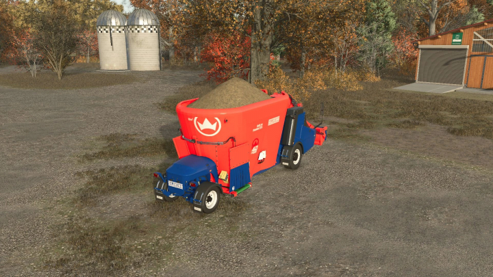 fs25-mods,  Siloking Selfline 4.0 Premium mod in Farming Simulator 25, featuring a red and blue feed mixer on a farm.