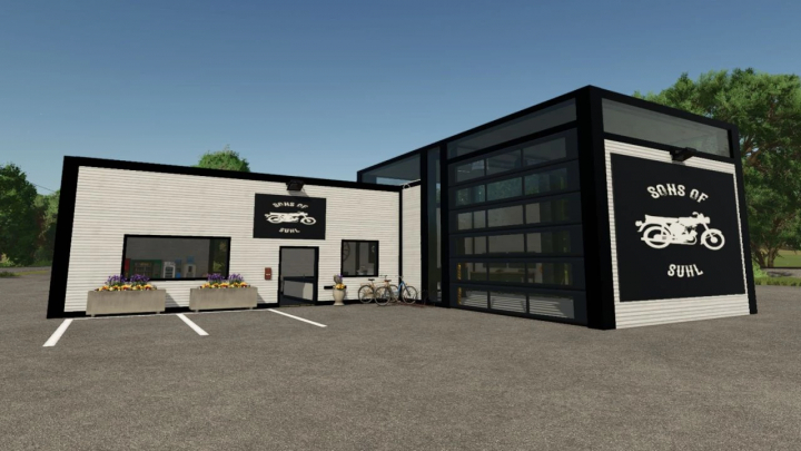 fs25-mods,  Sons Of Suhl building in FS25 mod, featuring a modern design with black and white exterior.