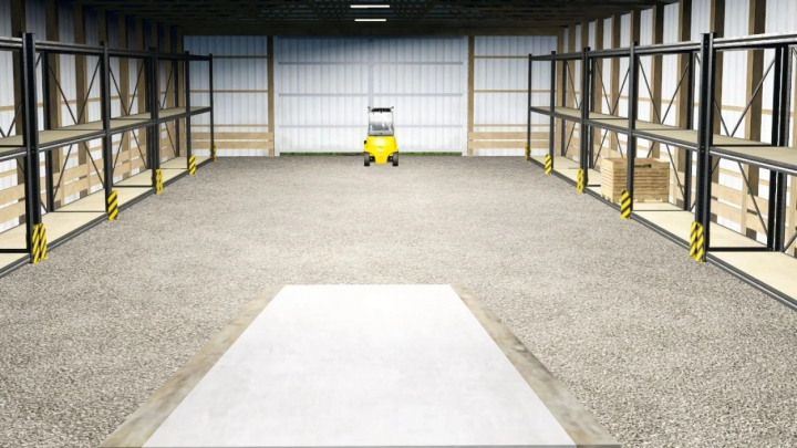 fs25-mods,  Storage depot mod for Farming Simulator 25 with shelves, boxes, and forklift.