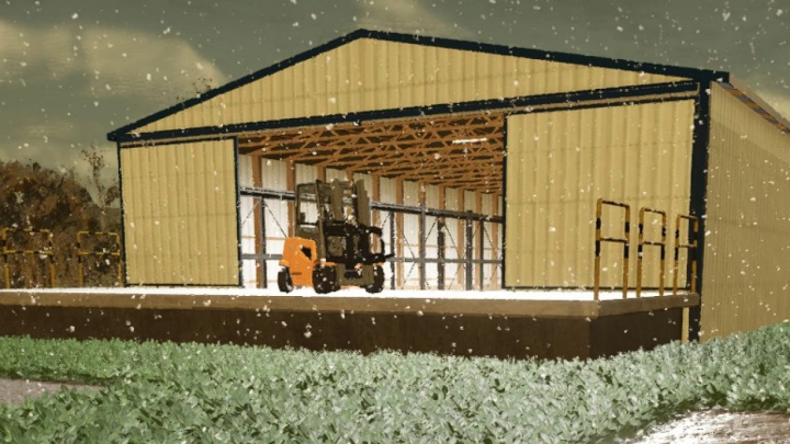 fs25-mods,  Storage depot in FS25 mod v1.0.0.1 with forklift inside during snowfall.