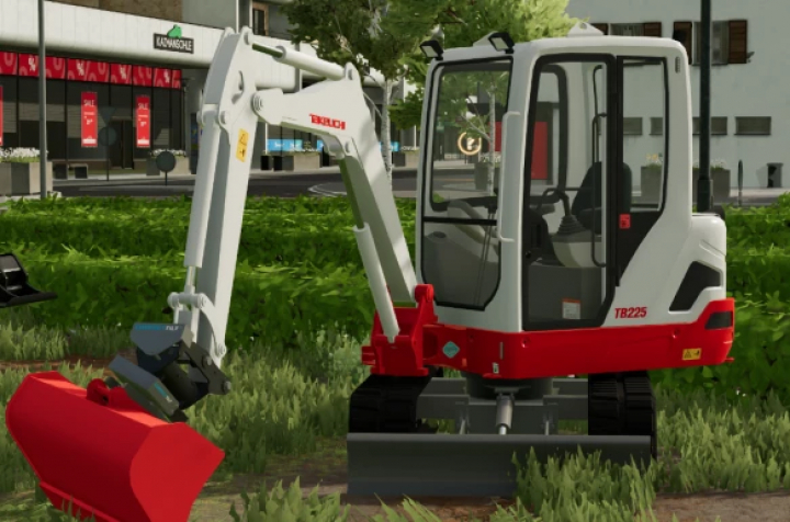 fs22-mods, Takeuchi TB 225 excavator mod in FS22, showcasing detailed design with red bucket.