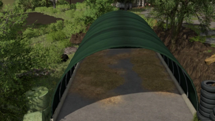 fs25-mods,  FS25 mods - Tunnel Prefab v1.0.0.0 in Farming Simulator 25, showing a green curved tunnel structure in a rural setting.