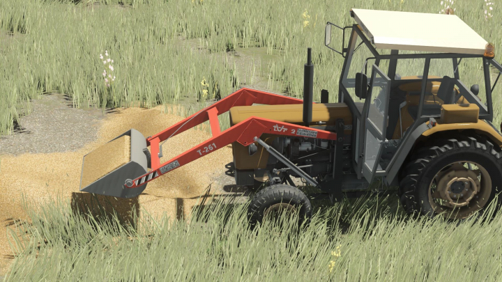 fs25-mods,  FS25 mod Ursus C355-C360 with front loader working on wheat field.