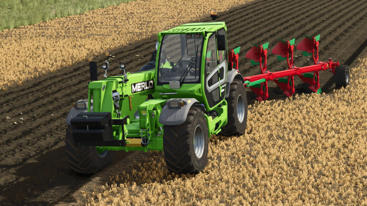 fs25-mods, FS25 mod: Green telehandler with a weight attachment plowing a field in Farming Simulator 25.