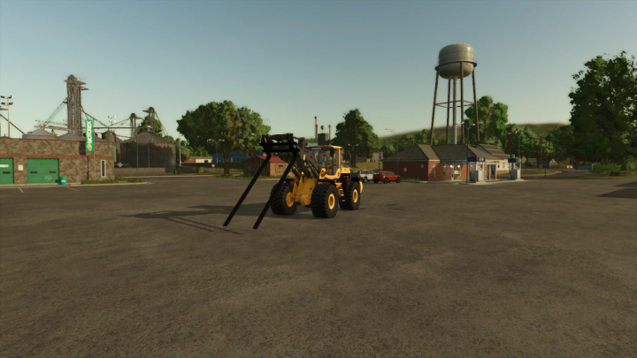 fs25-mods,  FS25 mod Wheel loader with extended forks in a farming simulator environment.