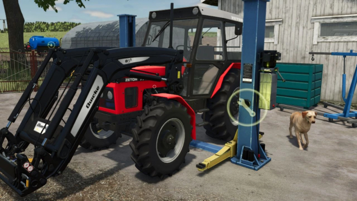 fs25-mods,  FS25 mod, Workshop with lifting option, showcases a Zetor tractor on a lift with a dog nearby, emphasizing vehicle maintenance features.