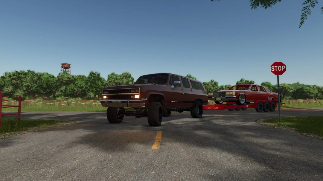 1990 Chevrolet Suburban 4x4 mod in FS25, featuring a brown SUV with a red car trailer on a rural road.